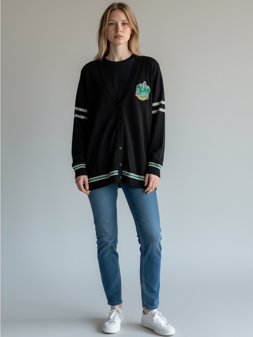 Black Button-Front Cardigan with Green Crest Detail - Women's - Picture 2 of 7